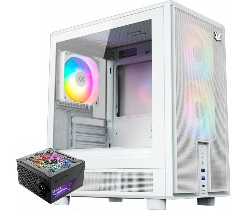 Combo XYZ Gabinete ATOM White 3x Fans ARGB Mesh USB-C + Fuente 750W 80 Plus Bronze ARGB Phantom
