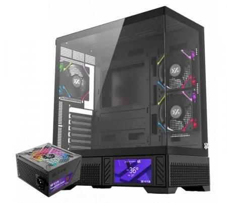 Combo XYZ Gabinete Aurorax 100 PRO Black 3x Fans ARGB LCD Display USB-C + Fuente 750W 80 Plus Bronze ARGB Phantom