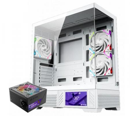 Combo XYZ Gabinete Aurorax 100 PRO White 3x Fans ARGB LCD Display USB-C + Fuente 750W 80 Plus Bronze ARGB Phantom