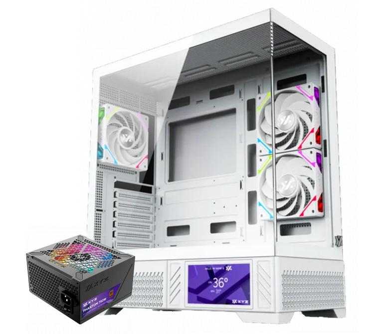 Combo XYZ Gabinete Aurorax 100 PRO White 3x Fans ARGB LCD Display USB-C + Fuente 750W 80 Plus Bronze ARGB Phantom