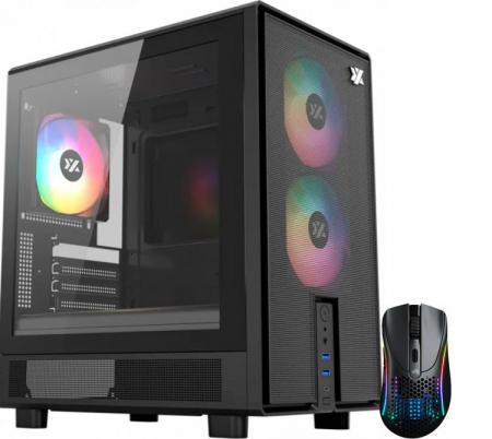 Gabinete XYZ ATOM Black 3x120mm ARGB Fans Mesh Black USB-C Gen2 Vidrio Templado + Mouse Glorious Model D 2 Wireless 2.4Ghz Bluetooth 5.2 Matte Black RGB 26K DPI 66gr 110Hs