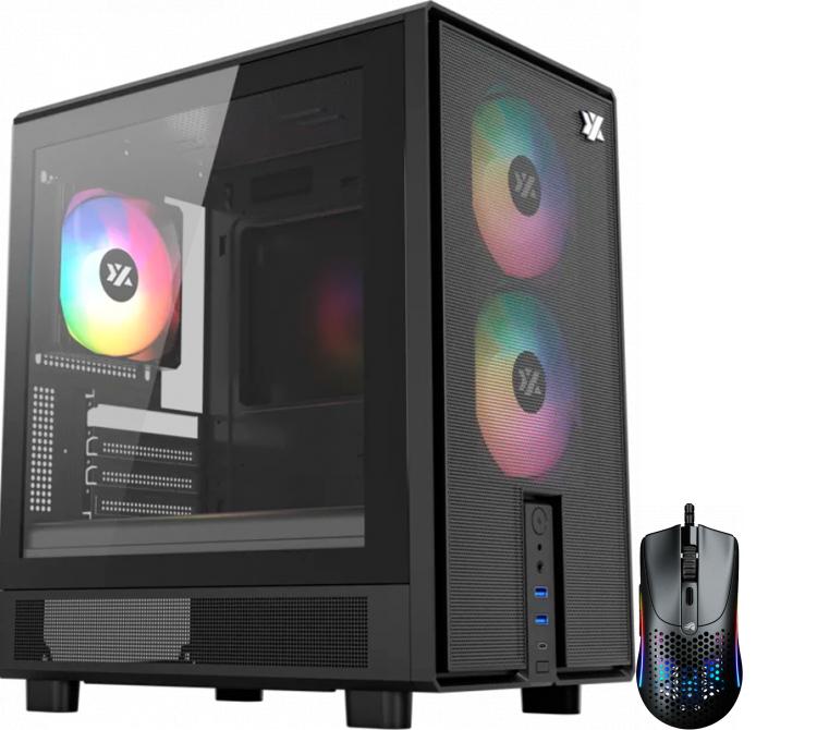 Gabinete XYZ ATOM Black 3x120mm ARGB Fans Mesh Black USB-C Gen2 Vidrio Templado + Mouse Glorious Model O 2 Mini Matte Black RGB 26K Dpi