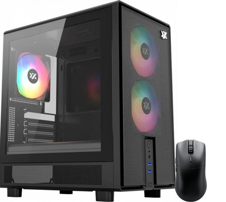 Gabinete XYZ ATOM Black 3x120mm ARGB Fans Mesh Black USB-C Gen2 Vidrio Templado + Mouse Glorious Model O 2 PRO Wireless 2.4Ghz Black USB-C 59gr 4K/8K hz 80Hs