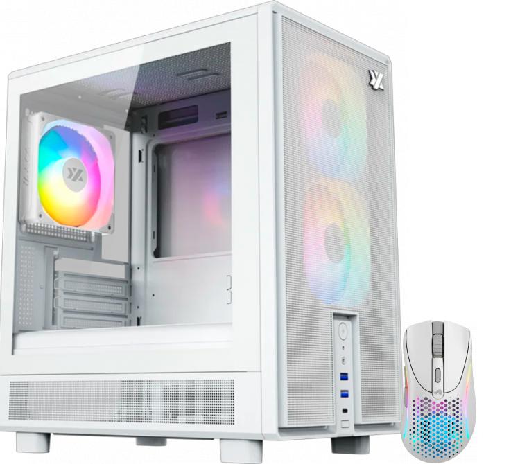 Gabinete XYZ ATOM WHITE 3x120mm ARGB Fans Mesh White USB-C Gen2 Vidrio Templado + Mouse Glorious Model D 2 Wireless 2.4Ghz Bluetooth 5.2 Matte White RGB 26K DPI 66gr 110Hs