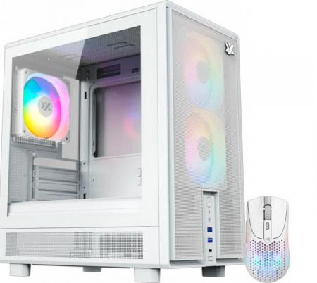 Gabinete XYZ ATOM WHITE 3x120mm ARGB Fans Mesh White USB-C Gen2 Vidrio Templado + Mouse Glorious Model O 2 Mini Wireless 2.4ghz Bluetooth Matte White 26000K DPI 49gr RGB