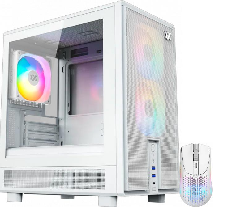 Gabinete XYZ ATOM WHITE 3x120mm ARGB Fans Mesh White USB-C Gen2 Vidrio Templado + Mouse Glorious Model O 2 Mini Wireless 2.4ghz Bluetooth Matte White 26000K DPI 49gr RGB
