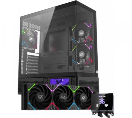 Gabinete XYZ Aurora Lite Black + Water Cooler Hydrotemp 360 ARGB Black LCD Display + 3x120mm ARGB Fans LCD Display USB-C Vidrio Templado